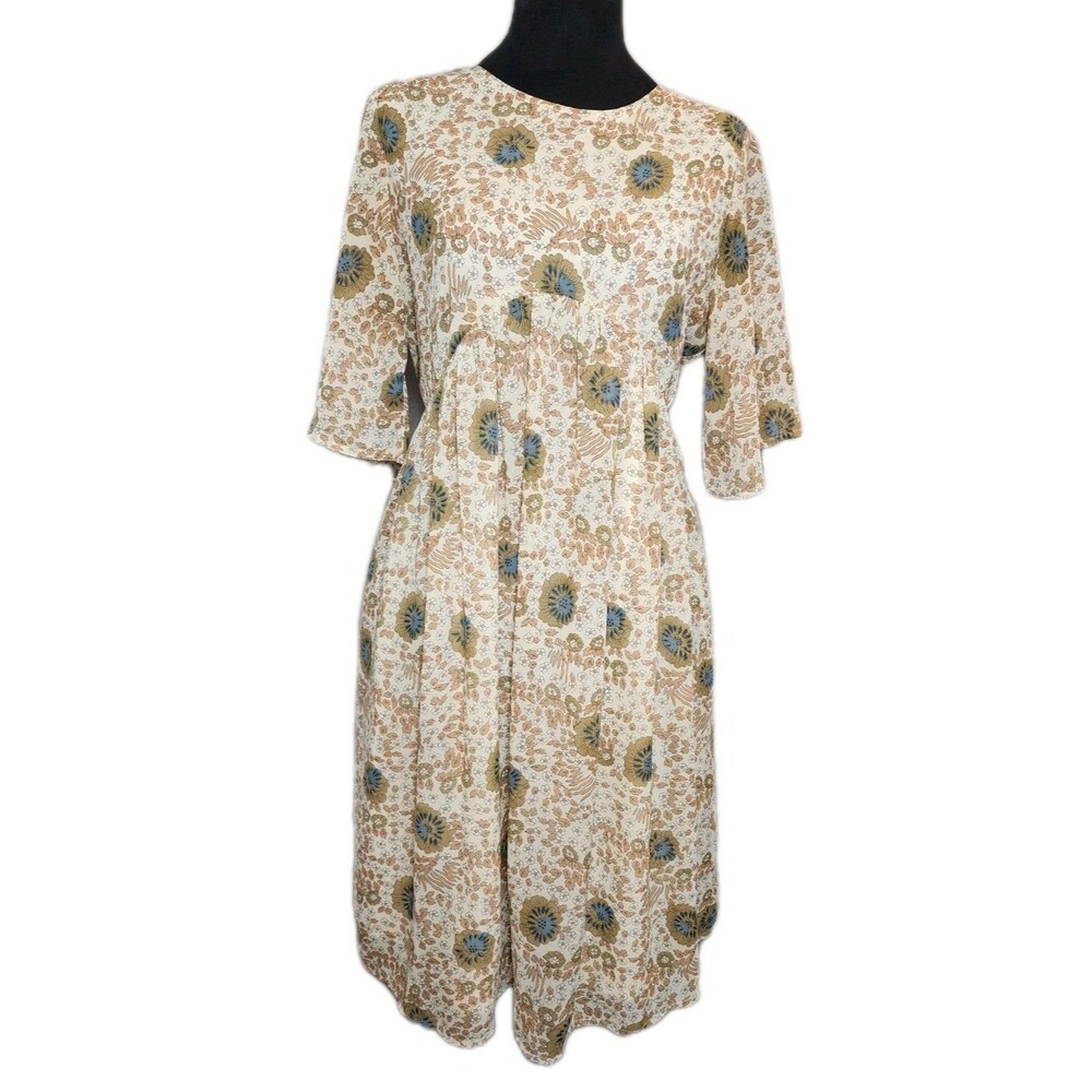 Roolee Yellow Floral Print Boho Bright Cheery Flutter Sleeve Midi Dress SZ S